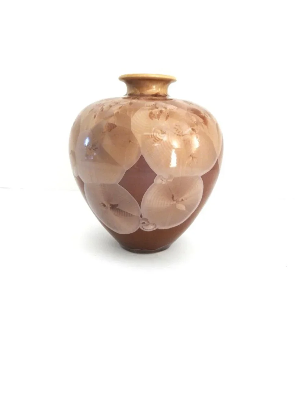 Vintage 90s Studio Crystalline Glaze Tan Brown Bud Vase 5”x6.5” Unsigned